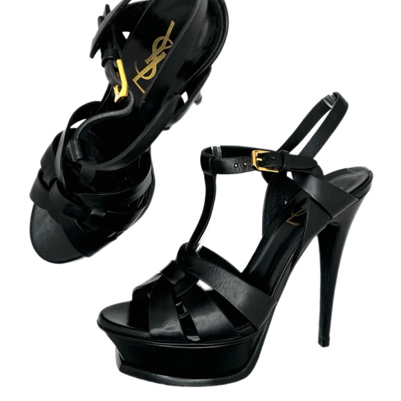SAINT LAURENT TRIBUTE sandals black open toe strappy stiletto platform 36.5 - Picture 3 of 15